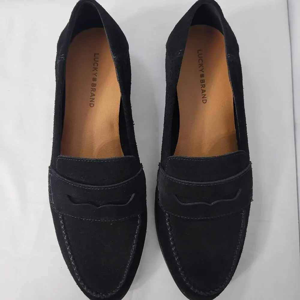 Lucky Brand Eryka Suede Penny Loafers sz 9.5M Black Preppy Poet Old Money